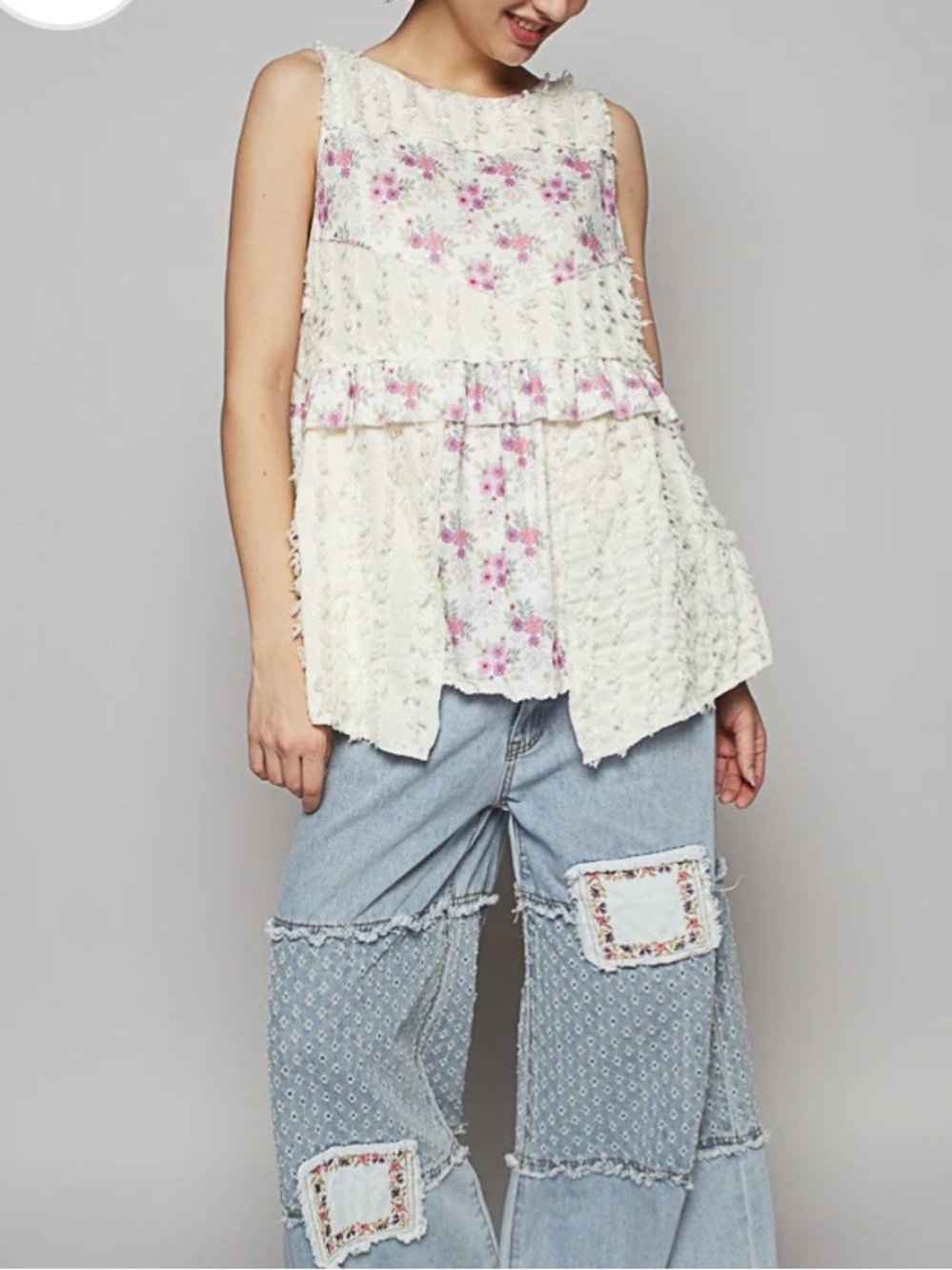 Lace Babydoll  top. Lightweight and paired with old fashioned purple print. L